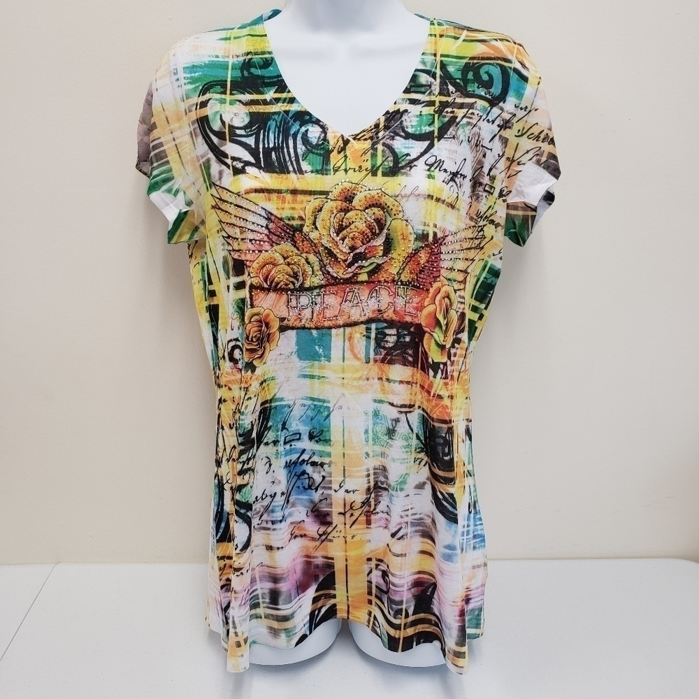 B.L.E.U. Womens V-neck Embellished Peace Top Bleu Size Small
